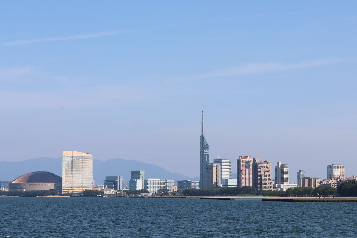 Fukuoka Tower rising above the Momochi waterfront skyline across the bay, Fukuoka, Japan