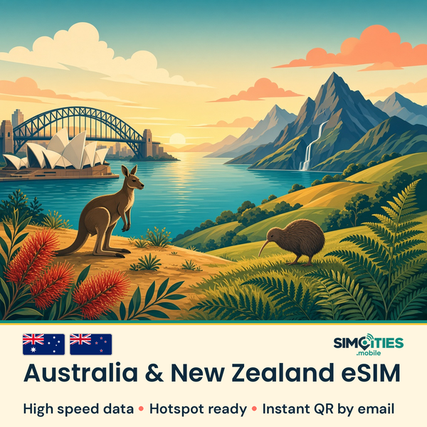 Australia & New Zealand eSIM – high speed travel data, hotspot ready – SIMCITIES