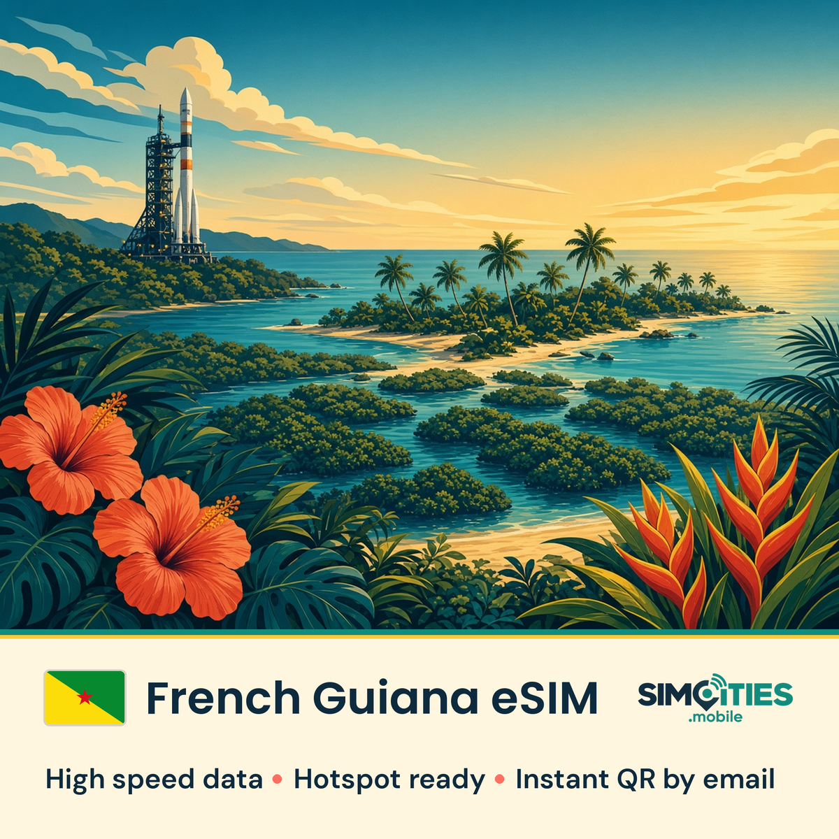 French Guiana eSIM – high speed travel data, hotspot ready – SIMCITIES