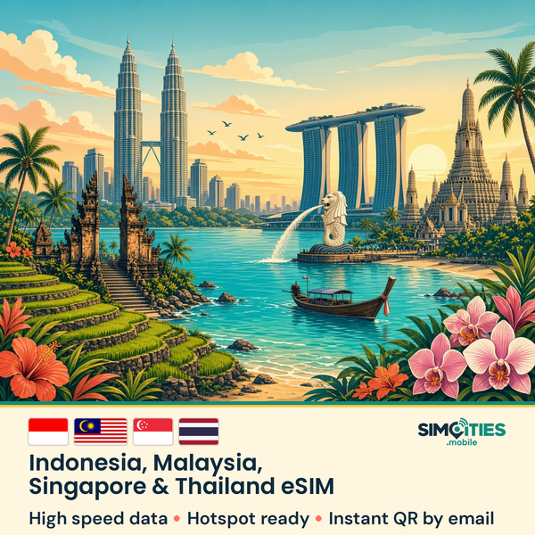Indonesia, Malaysia, Singapore & Thailand eSIM – high speed travel data, hotspot ready – SIMCITIES