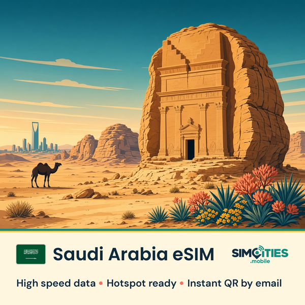 Saudi Arabia eSIM – high speed travel data, hotspot ready – SIMCITIES