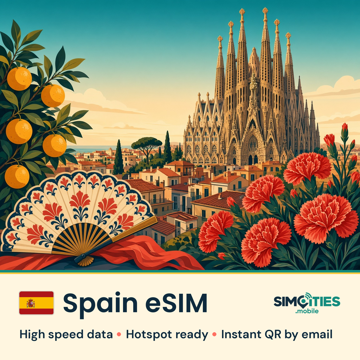 Spain eSIM – high speed travel data, hotspot ready – SIMCITIES
